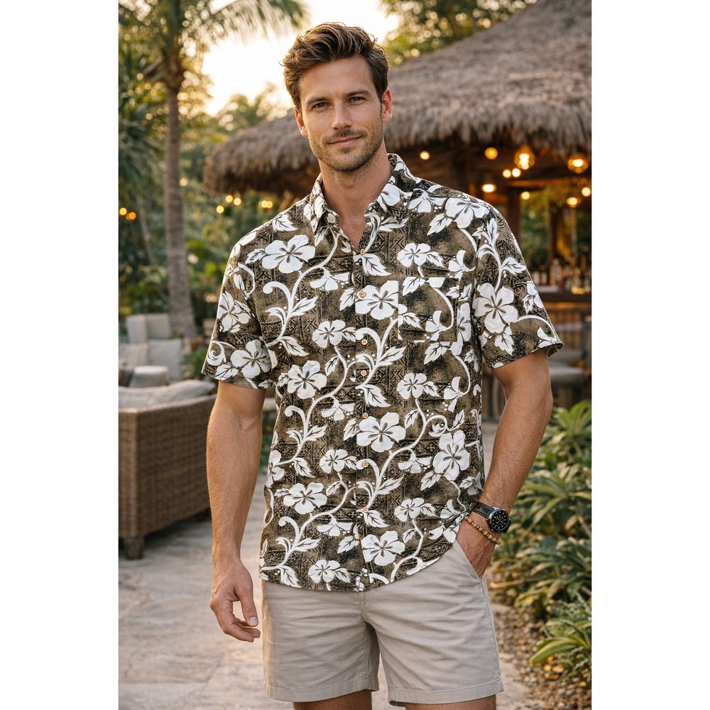 Mens XL Hawaiian Shirt Floral Print tan/white Short Sleeve vacation Resort Aloha